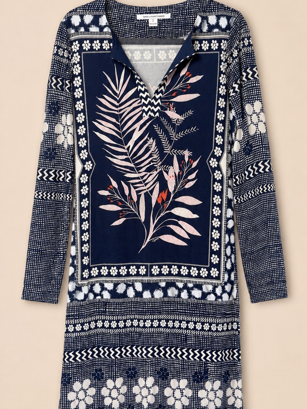 Diane Von Furstenberg Navy Floral Panel Long-Sleeve Dress